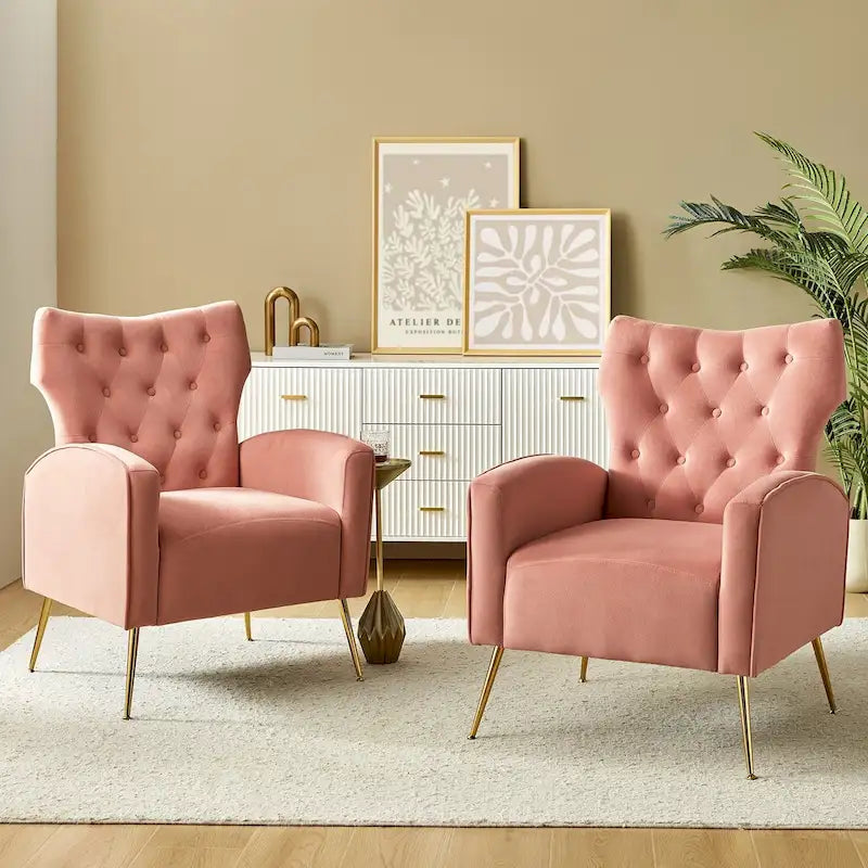 Sillón Contemporáneo de Terciopelo con Respaldo Alto, Botones Decorativos y Patas de Metal Doradas Abocinadas