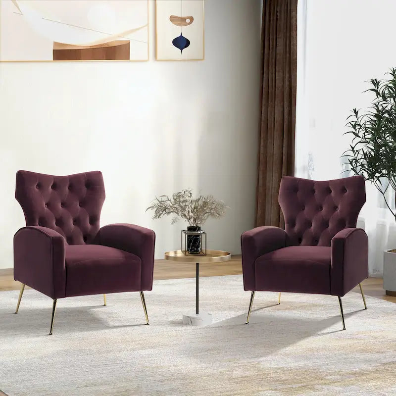 Sillón Contemporáneo de Terciopelo con Respaldo Alto, Botones Decorativos y Patas de Metal Doradas Abocinadas
