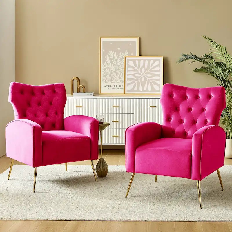 Sillón Contemporáneo de Terciopelo con Respaldo Alto, Botones Decorativos y Patas de Metal Doradas Abocinadas