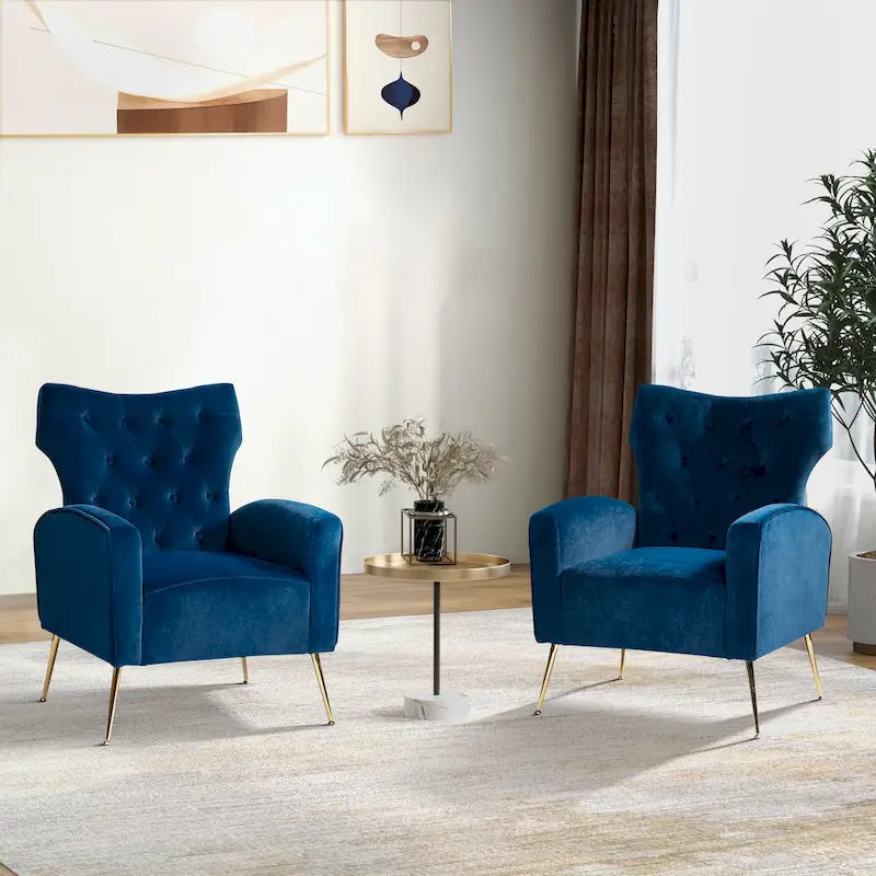 Sillón Contemporáneo de Terciopelo con Respaldo Alto, Botones Decorativos y Patas de Metal Doradas Abocinadas