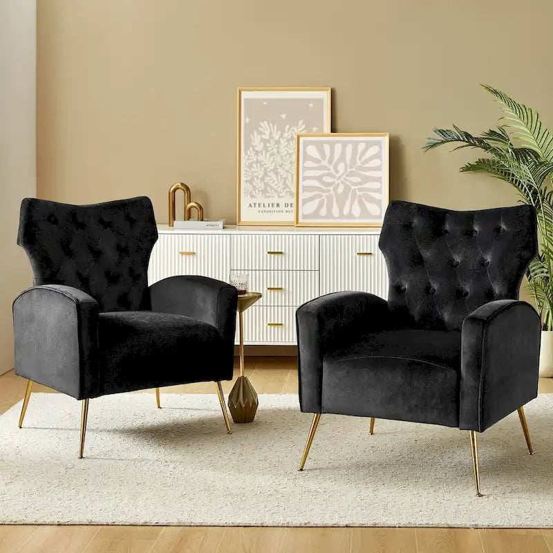 Sillón Contemporáneo de Terciopelo con Respaldo Alto, Botones Decorativos y Patas de Metal Doradas Abocinadas