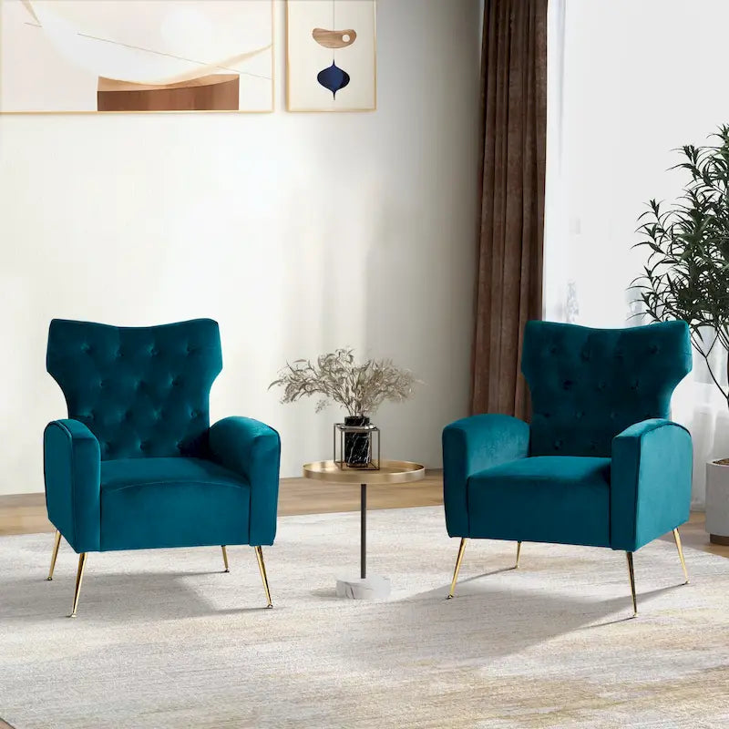 Sillón Contemporáneo de Terciopelo con Respaldo Alto, Botones Decorativos y Patas de Metal Doradas Abocinadas