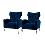 Sillón Contemporáneo de Terciopelo con Respaldo Alto, Botones Decorativos y Patas de Metal Doradas Abocinadas