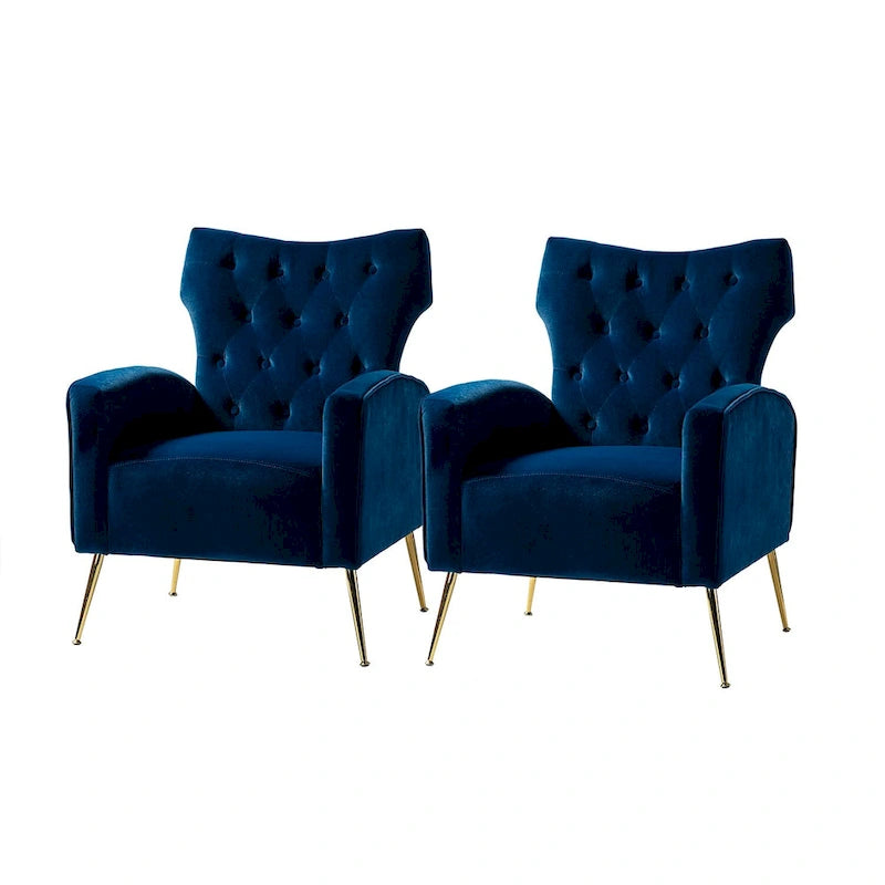 Sillón Contemporáneo de Terciopelo con Respaldo Alto, Botones Decorativos y Patas de Metal Doradas Abocinadas