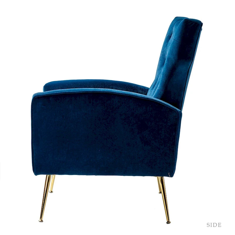 Sillón Contemporáneo de Terciopelo con Respaldo Alto, Botones Decorativos y Patas de Metal Doradas Abocinadas