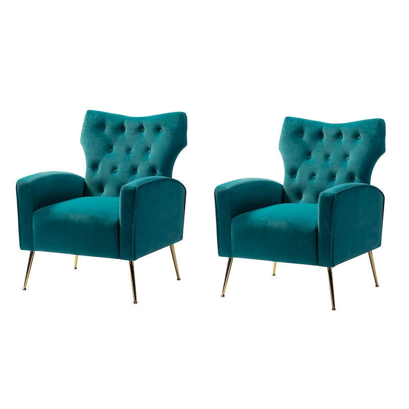 Sillón Contemporáneo de Terciopelo con Respaldo Alto, Botones Decorativos y Patas de Metal Doradas Abocinadas