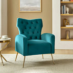 Sillón Contemporáneo de Terciopelo con Respaldo Alto, Botones Decorativos y Patas de Metal Doradas Abocinadas