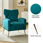 Sillón Contemporáneo de Terciopelo con Respaldo Alto, Botones Decorativos y Patas de Metal Doradas Abocinadas