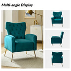 Sillón Contemporáneo de Terciopelo con Respaldo Alto, Botones Decorativos y Patas de Metal Doradas Abocinadas