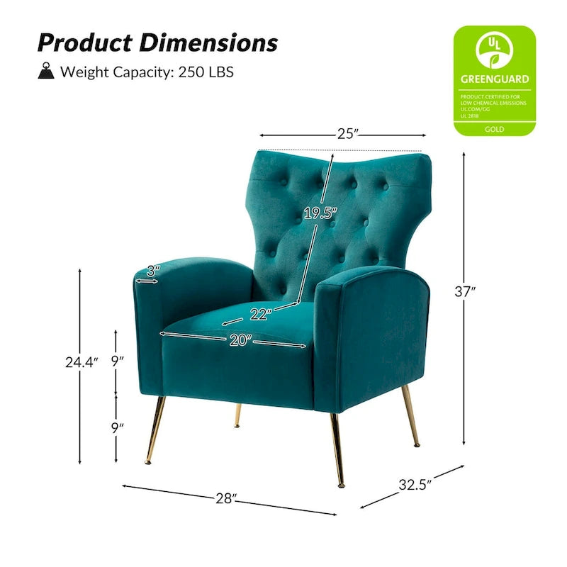 Sillón Contemporáneo de Terciopelo con Respaldo Alto, Botones Decorativos y Patas de Metal Doradas Abocinadas