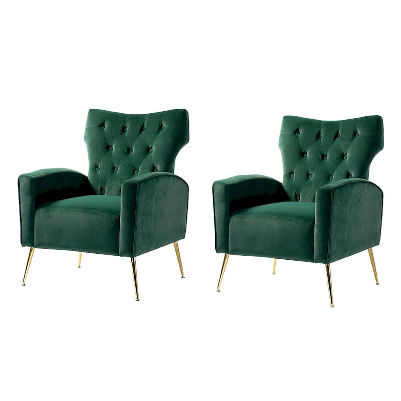 Sillón Contemporáneo de Terciopelo con Respaldo Alto, Botones Decorativos y Patas de Metal Doradas Abocinadas