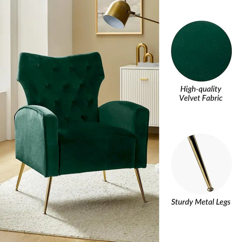 Sillón Contemporáneo de Terciopelo con Respaldo Alto, Botones Decorativos y Patas de Metal Doradas Abocinadas