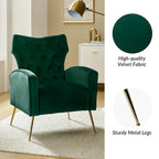 Sillón Contemporáneo de Terciopelo con Respaldo Alto, Botones Decorativos y Patas de Metal Doradas Abocinadas