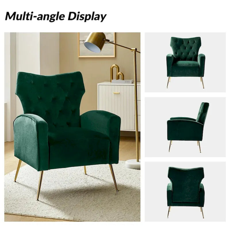 Sillón Contemporáneo de Terciopelo con Respaldo Alto, Botones Decorativos y Patas de Metal Doradas Abocinadas