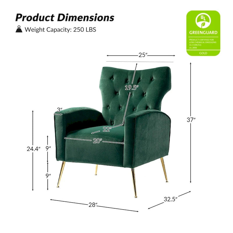 Sillón Contemporáneo de Terciopelo con Respaldo Alto, Botones Decorativos y Patas de Metal Doradas Abocinadas