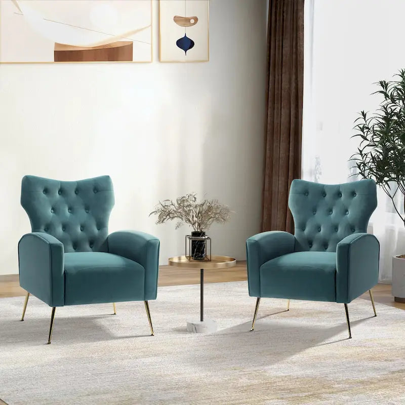 Sillón Contemporáneo de Terciopelo con Respaldo Alto, Botones Decorativos y Patas de Metal Doradas Abocinadas