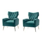 Sillón Contemporáneo de Terciopelo con Respaldo Alto, Botones Decorativos y Patas de Metal Doradas Abocinadas