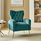 Sillón Contemporáneo de Terciopelo con Respaldo Alto, Botones Decorativos y Patas de Metal Doradas Abocinadas