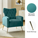 Sillón Contemporáneo de Terciopelo con Respaldo Alto, Botones Decorativos y Patas de Metal Doradas Abocinadas