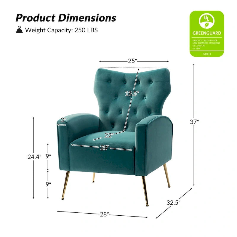 Sillón Contemporáneo de Terciopelo con Respaldo Alto, Botones Decorativos y Patas de Metal Doradas Abocinadas