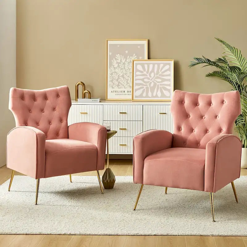 Sillón Contemporáneo de Terciopelo con Respaldo Alto, Botones Decorativos y Patas de Metal Doradas Abocinadas