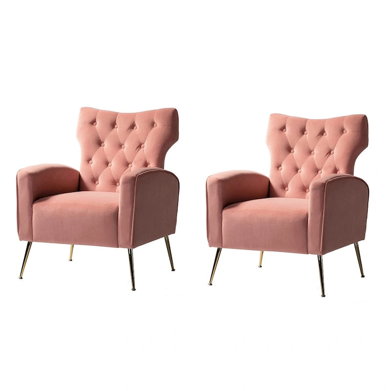 Sillón Contemporáneo de Terciopelo con Respaldo Alto, Botones Decorativos y Patas de Metal Doradas Abocinadas