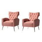 Sillón Contemporáneo de Terciopelo con Respaldo Alto, Botones Decorativos y Patas de Metal Doradas Abocinadas