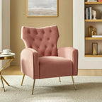Sillón Contemporáneo de Terciopelo con Respaldo Alto, Botones Decorativos y Patas de Metal Doradas Abocinadas