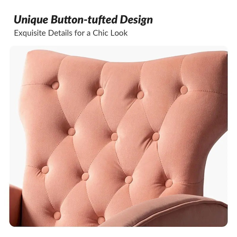 Sillón Contemporáneo de Terciopelo con Respaldo Alto, Botones Decorativos y Patas de Metal Doradas Abocinadas