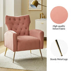 Sillón Contemporáneo de Terciopelo con Respaldo Alto, Botones Decorativos y Patas de Metal Doradas Abocinadas