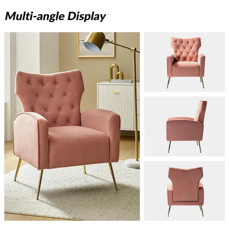 Sillón Contemporáneo de Terciopelo con Respaldo Alto, Botones Decorativos y Patas de Metal Doradas Abocinadas