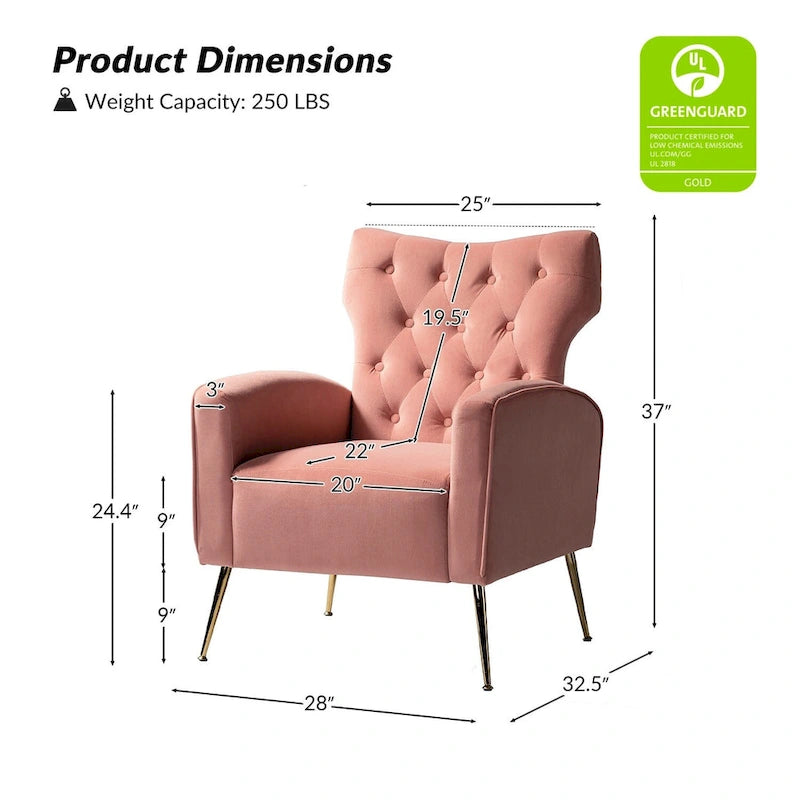Sillón Contemporáneo de Terciopelo con Respaldo Alto, Botones Decorativos y Patas de Metal Doradas Abocinadas