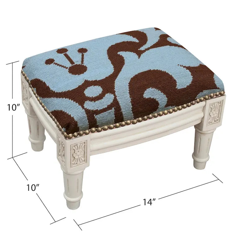 Taburete de tapicería floral en damasco azul y marrón