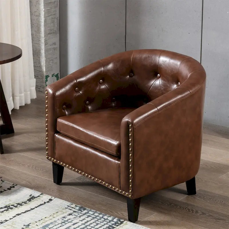 Sillón Club de Piel Sintética Contemporáneo con Brazos Empotrados y Ribete de Tachuelas