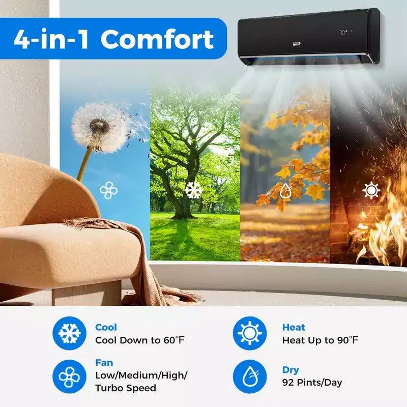 Costway Aire Acondicionado y Calentador Minisplit con Bomba de Calor de 24000 BTU, con Wifi, Negro/Blanco