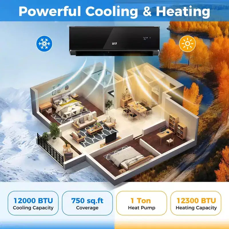 Costway 12000 BTU Wifi Enabled Mini Split Air Conditioner & Heater with Heat Pump Black/White