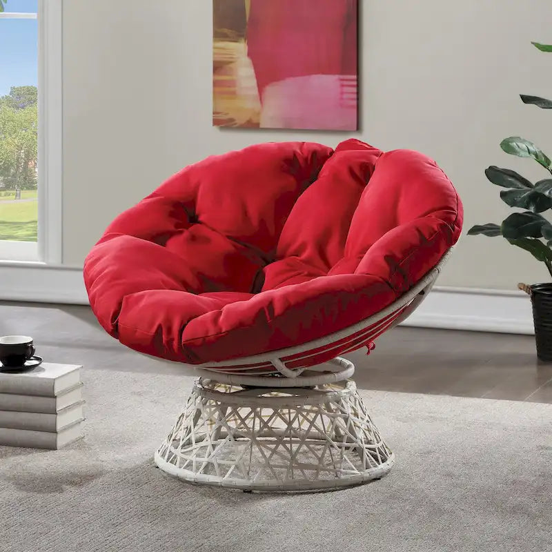 Sillón Papasan con cojín redondo y tejido de mimbre color crema