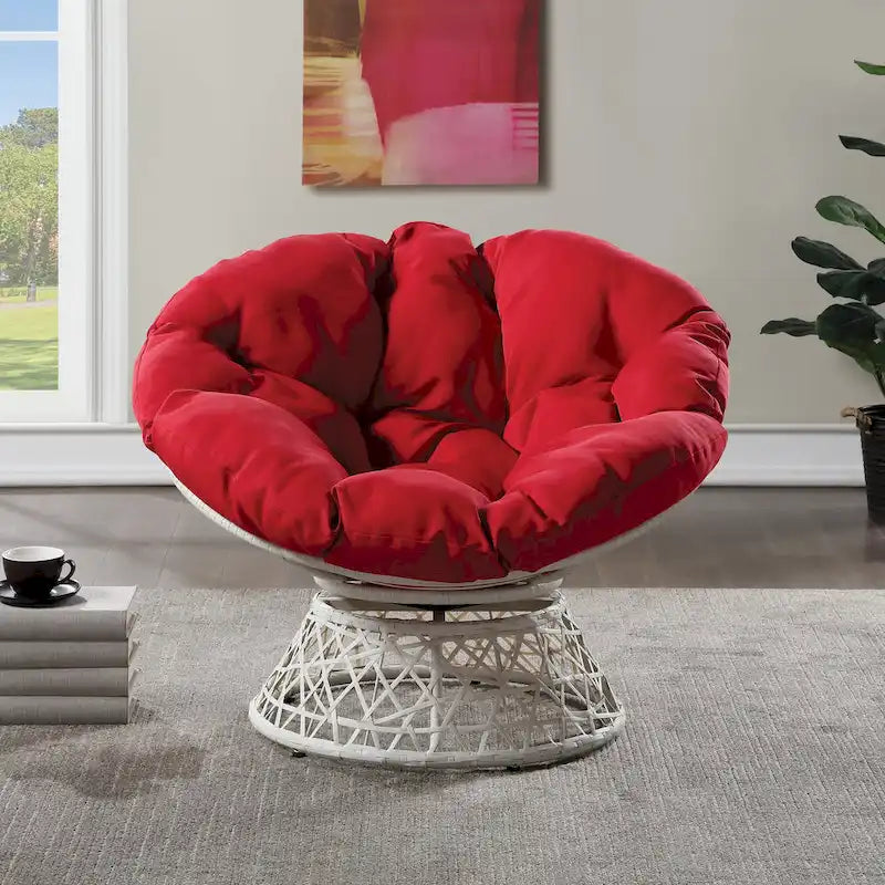 Sillón Papasan con cojín redondo y tejido de mimbre color crema