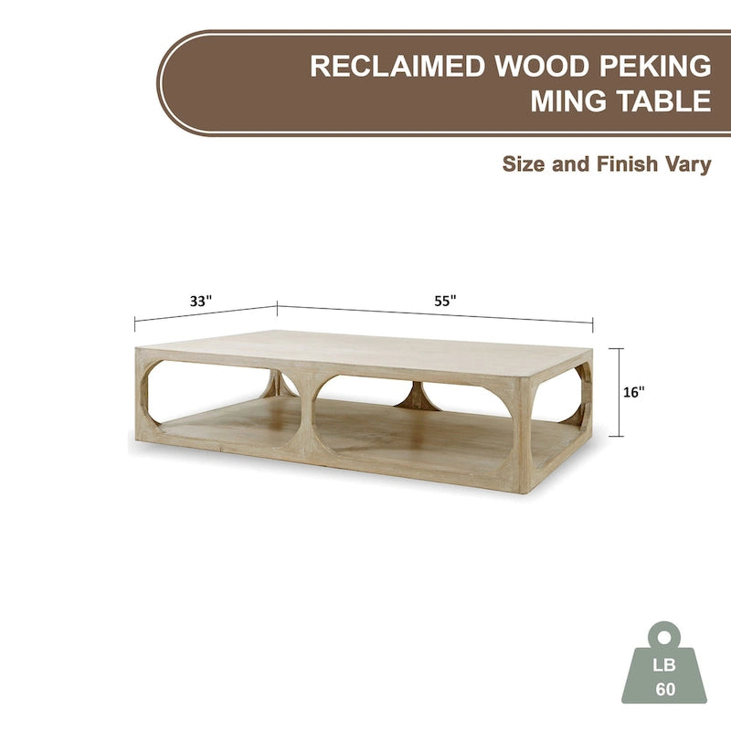 Mesa de centro Peking Ming de madera recuperada, pequeña, 55 pulgadas de largo, lavado blanco envejecido