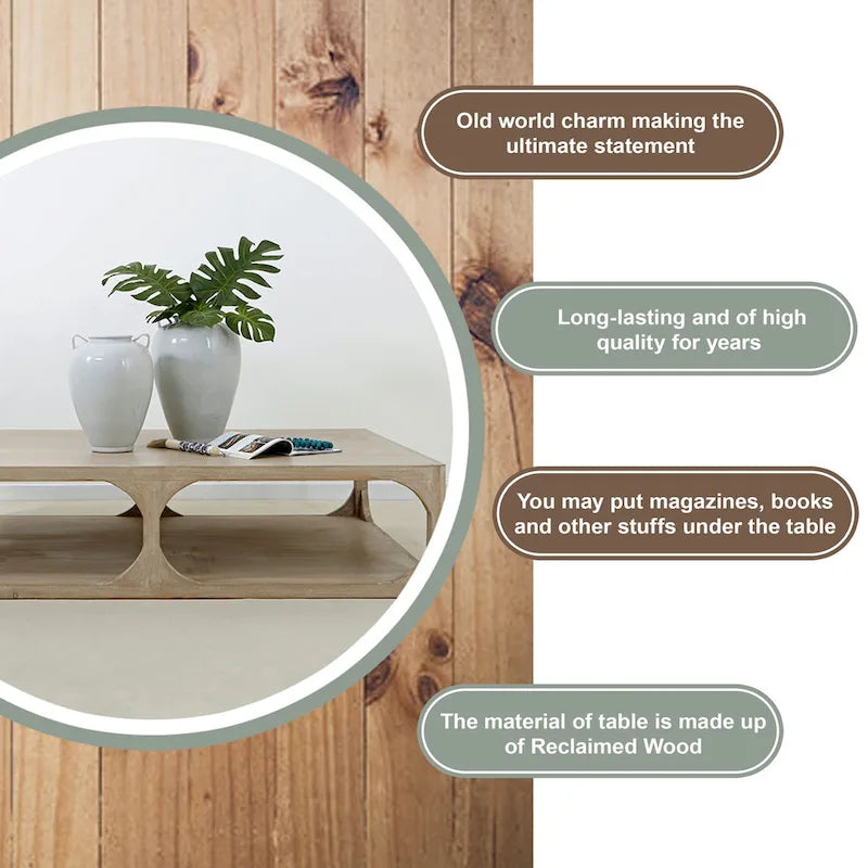 Mesa de centro Peking Ming de madera recuperada, pequeña, 55 pulgadas de largo, lavado blanco envejecido