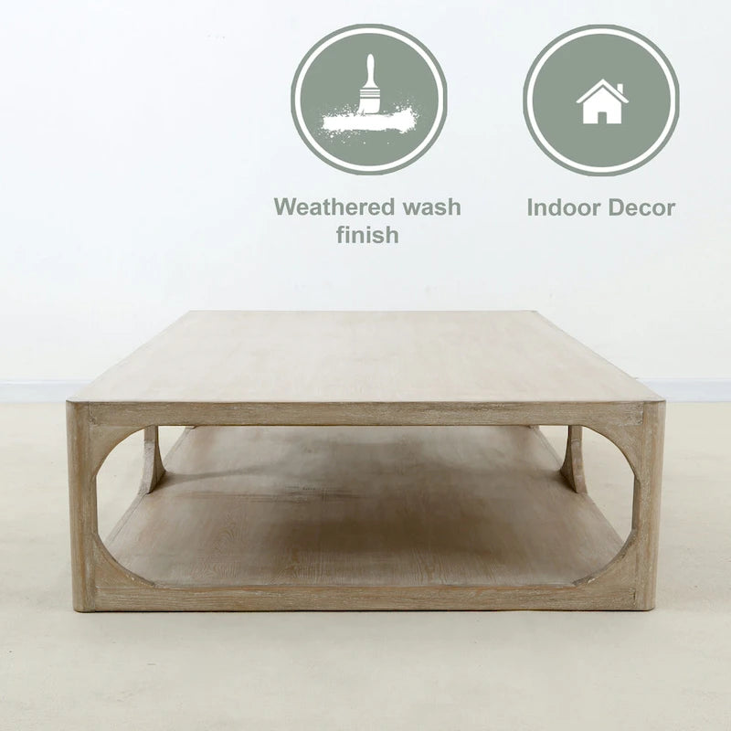 Mesa de centro Peking Ming de madera recuperada, pequeña, 55 pulgadas de largo, lavado blanco envejecido