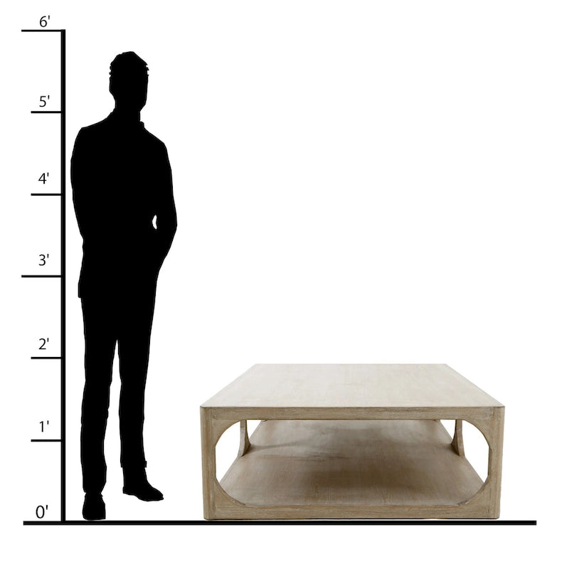 Mesa de centro Peking Ming de madera recuperada, pequeña, 55 pulgadas de largo, lavado blanco envejecido