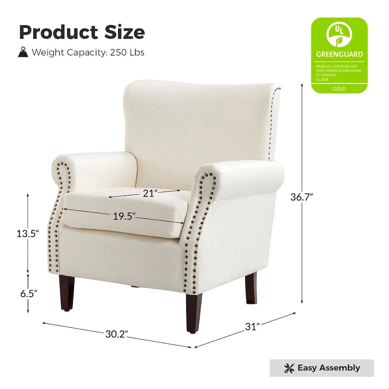 Sillón de cuero de transición con ribete de tachuelas y brazos enrollados