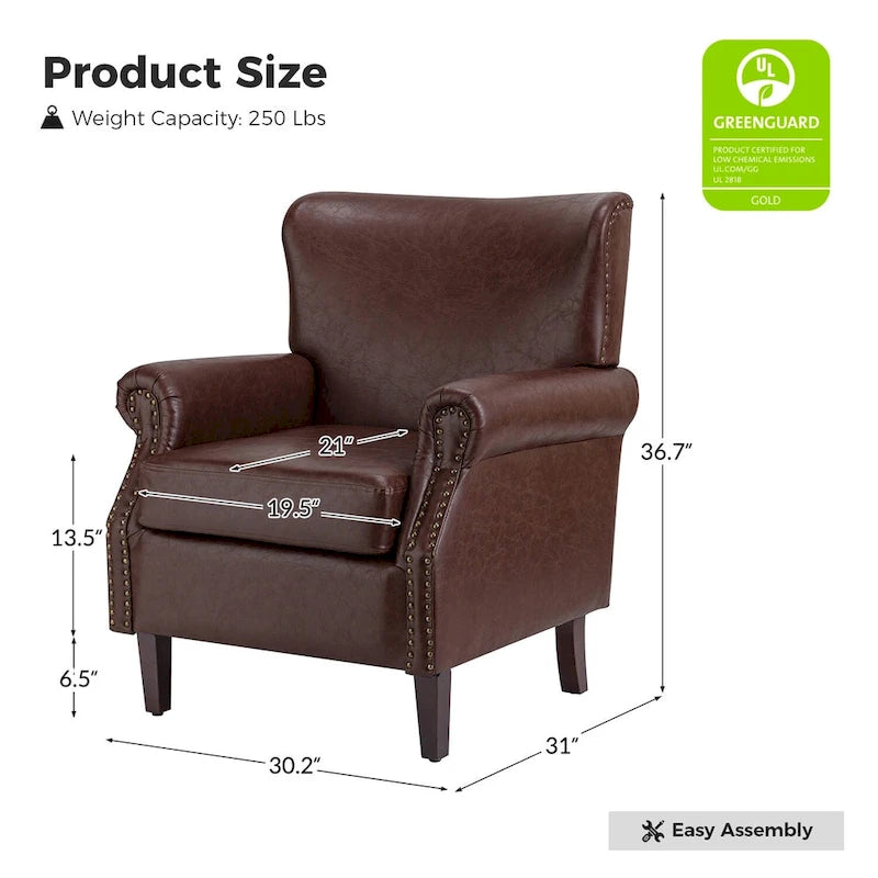 Sillón de cuero de transición con ribete de tachuelas y brazos enrollados