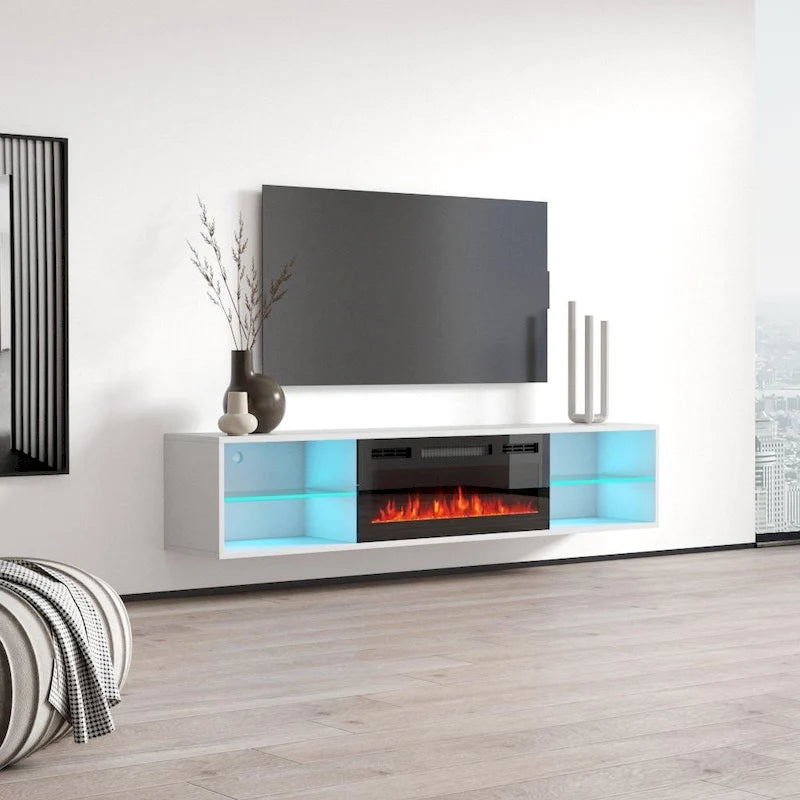 Soporte de TV de 72 pulgadas con chimenea eléctrica de pared
