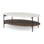 Mesa de centro ovalada con tablero de mármol blanco y estante de madera marrón oscuro