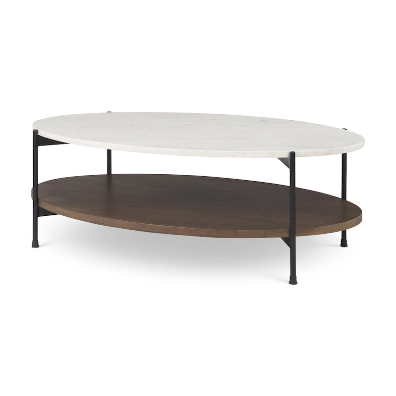 Mesa de centro ovalada con tablero de mármol blanco y estante de madera marrón oscuro