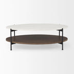 Mesa de centro ovalada con tablero de mármol blanco y estante de madera marrón oscuro