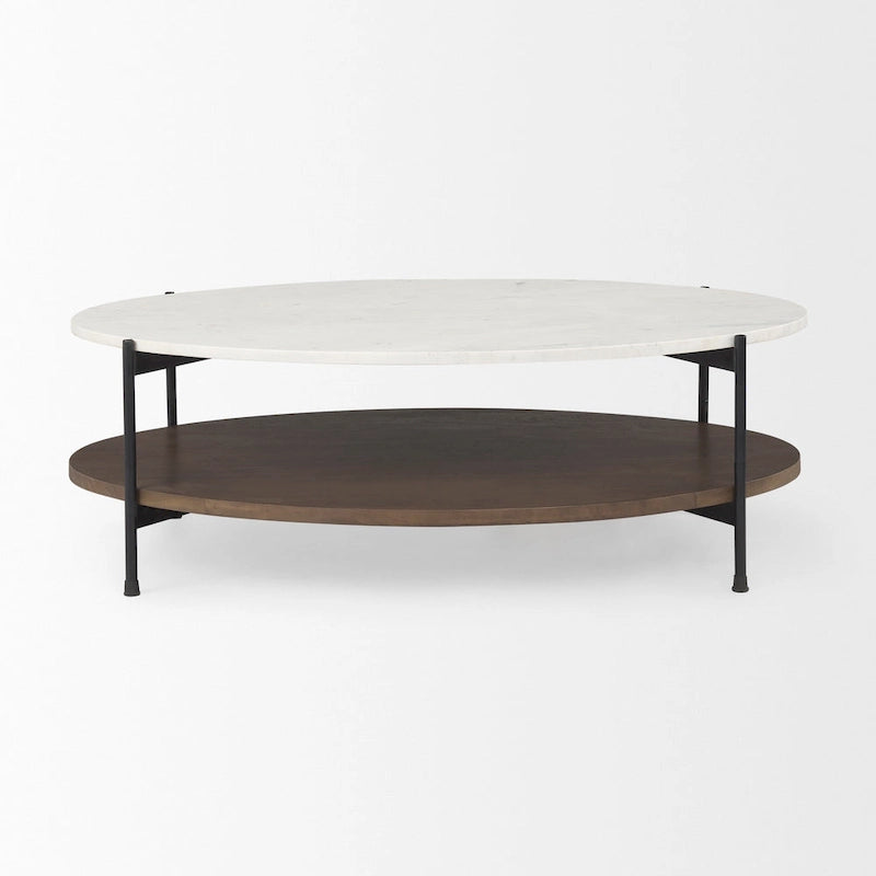 Mesa de centro ovalada con tablero de mármol blanco y estante de madera marrón oscuro