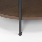 Mesa de centro ovalada con tablero de mármol blanco y estante de madera marrón oscuro